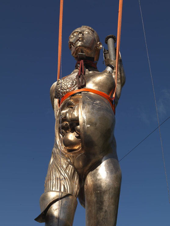 Damien Hirst's sculpture "Verity" being installed in Ilfracombe, UK.