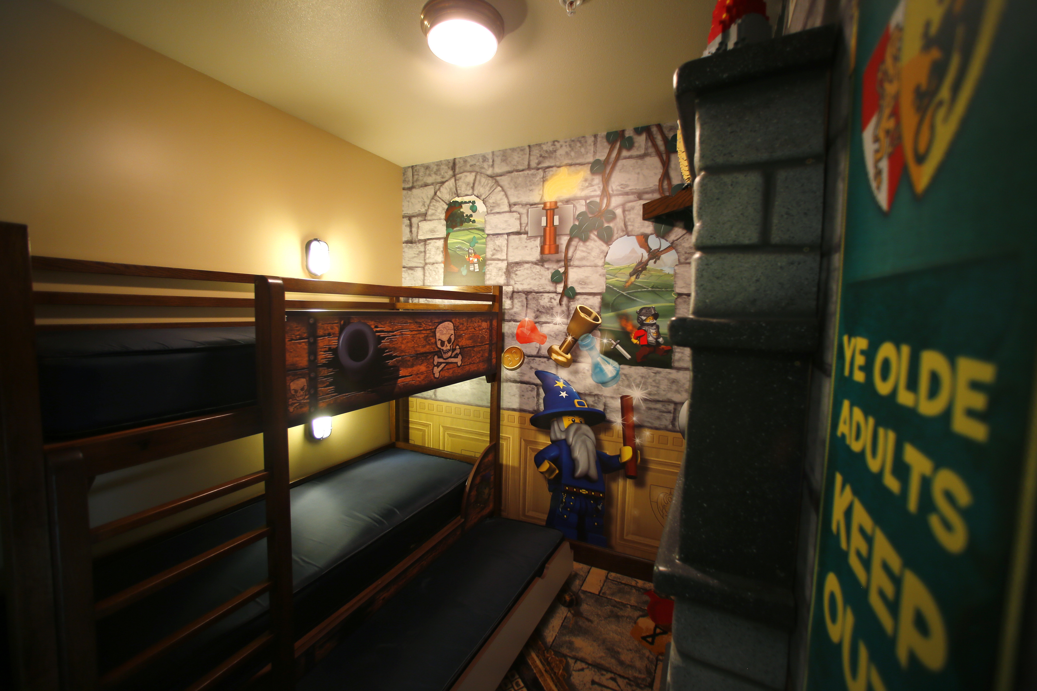 A kids sleeping area is shown in a hotel room as construction continues in Lego Hotel being built at Legoland in Carlsbad