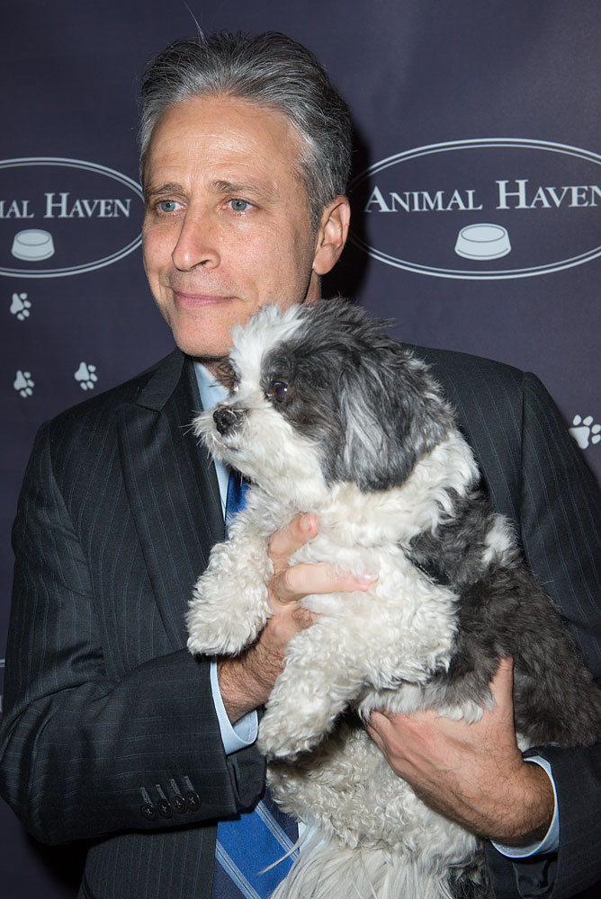 Jon Stewart and Baby Hope Diamond attend the 3rd Annual Performance For The Animals Benefiting Animal Haven at Top of The Standard Hotel on June 4, 2013 in New York City.