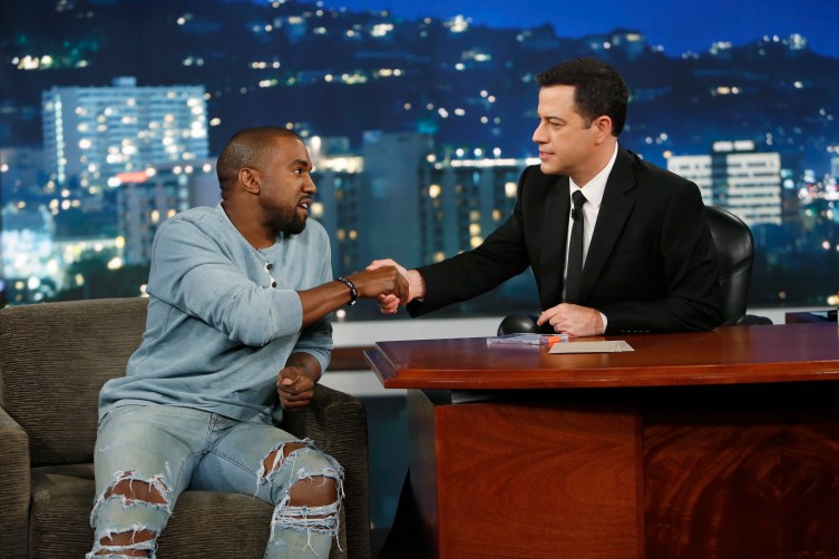 From right: Jimmy Kimmel welcomes Kanye West to "Jimmy Kimmel Live" on Oct. 9, 2013.