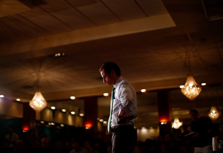 New York mayoral candidate Anthony Weiner attends a campaign event in the Rockaways section in the Queens borough of New York
