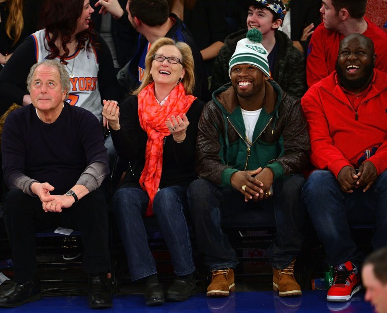 Don Gummer, Meryl Streep, 50 Cent and a guest attend the Los Angeles Lakers vs New York Knicks game at Madison Square Garden on January 26, 2014 in New York City.