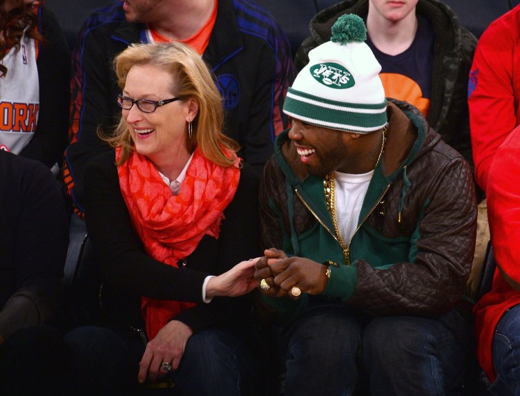 Meryl Streep and 50 Cent attend the Los Angeles Lakers vs New York Knicks game at Madison Square Garden on January 26, 2014 in New York City.
