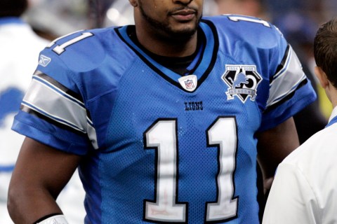 Detroit Lions quarterback Daunte Culpepper is benched during the third quarter of their NFL football game against the Tampa Bay Buccaneers in Detroit