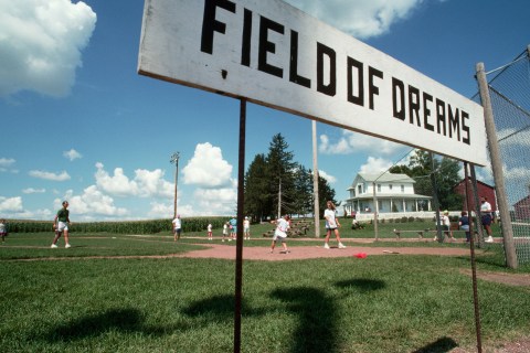 Tourists Playing Ball at the Field of Dreams