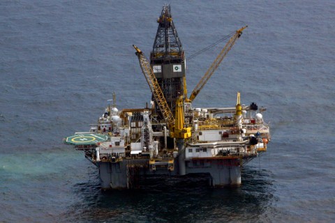 The Transocean Development Driller III, which is drilling the relief well, is seen surrounded by part of the oil slick covering the site of the BP oil spill in the Gulf of Mexico