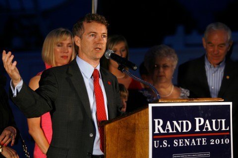 Rand Paul gives his victory speech after winning the Senate Republican primary election in Bowling Green, Kentucky