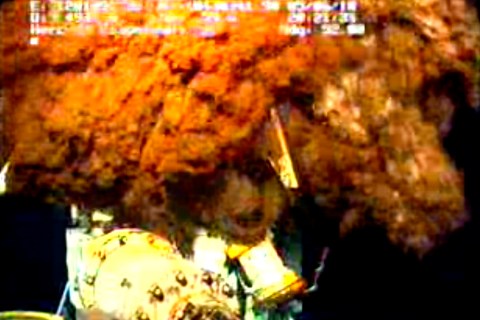 Frame grab shows leaking oil at the site of the Deepwater Horizon oil leak in the Gulf of Mexico