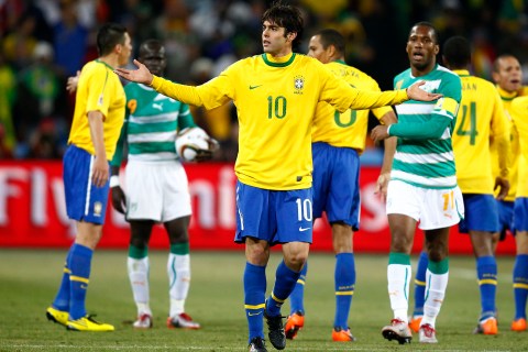 Brazil's Kaka reacts before being sent off by a red card during their 2010 World Cup Group G soccer match against Ivory Coast in Johannesburg