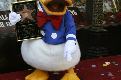 Donald Duck  poses  with a replica of his star during a Hollywood Walk of Fame unveiling ceremony,