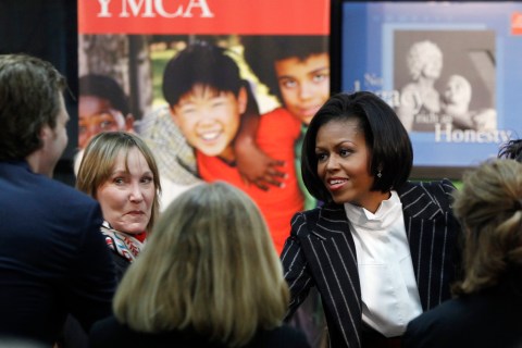 U.S. first lady Michelle Obama greets guests at a YMCA