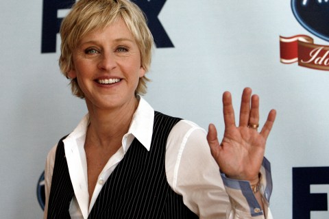 Ellen DeGeneres gestures before the Idol Gives Back show in Los Angeles