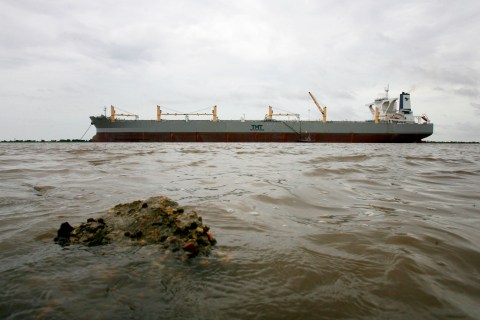 The "A Whale" skimmer, billed as the world's largest oil skimming vessel, is seen anchored on the Mississippi River in Boothville, LA