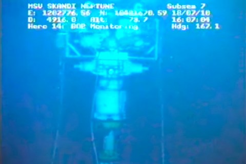 The new containment capping stack is pictured in this image captured from a BP live video feed from the Gulf of Mexico