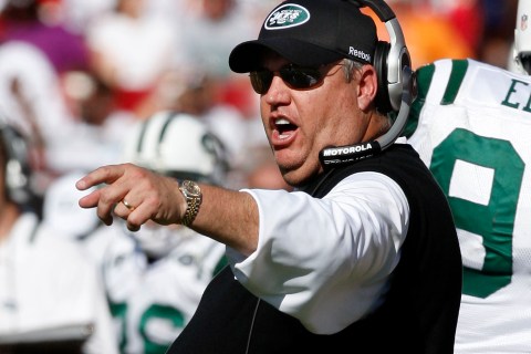 New York Jets head coach Ryan yells instructions during the first half of their NFL football game against the Tampa Bay Buccaneers at Raymond James Stadium in Tampa