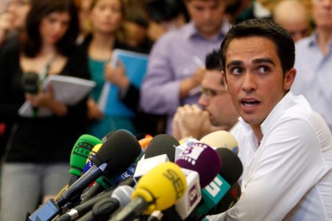 Contador speaks during a press conference at his hometown of Pinto, near Madrid