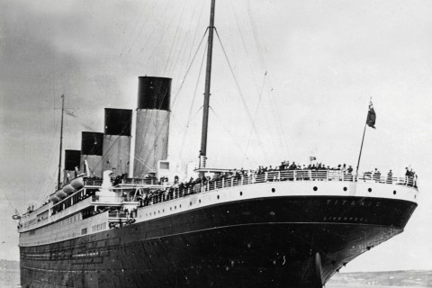 April, 1912. The White Star liner "Titanic" leaving Queenstown harbour before making her maiden voyage en route for the USA. The ship struck an iceberg and sank near Newfoundland, killing 1550 people.