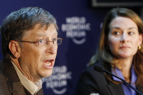 Microsoft founder Bill Gates and his wife Melinda attend a news conference at the WEF in Davos