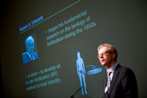A picture of Robert Edwards of Britain is projected as winner of 2010 Nobel Prize in medicine or physiology is announced in Stockholm