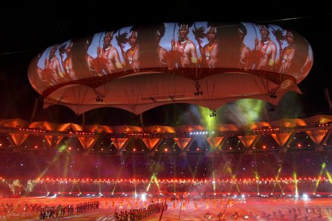 Performers participate during the Commonwealth Games closing ceremony at the Jawaharlal Nehru stadium in New Delhi