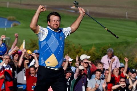 European Ryder Cup player Graeme McDowell of Northern Ireland reacts after Europe won the 2010 Ryder Cup at Celtic Manor in Newport