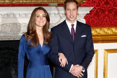 Britain's Prince William and his fiancée Kate Middleton pose for a photograph in St. James's Palace in central London