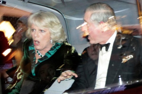Prince Charles and Camilla, Duchess of Cornwall, react as their car is attacked by angry protesters in London