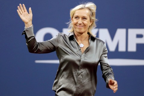 Former tennis star Martina Navratilova waves to the crowd as she is honored during the opening ceremony of the U.S. Open tennis tournament in New York