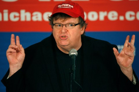 Michael Moore speaks at a news conference in Washington