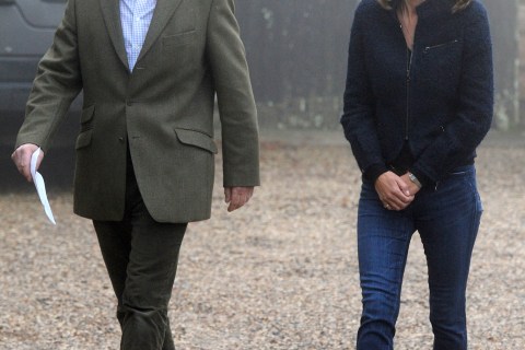The parents of Kate Middleton, Michael and Carole, prepare to read a statement to the media outside their home near Bucklebury, in southern England