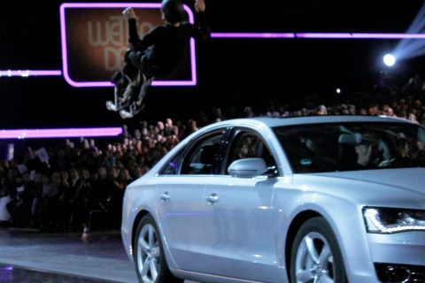 Samuel Koch attempts to jump over a car during the German game show "Wetten Dass" (Bet it...?) in Duesseldorf