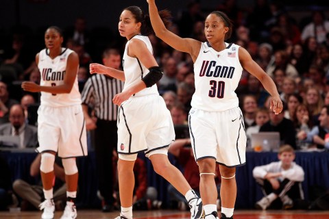 Huskies' Dixon raises her finger during their game against the Buckeyes in New York
