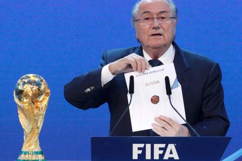 FIFA President Sepp Blatter announces Russia as the host nation for the FIFA World Cup 2018 