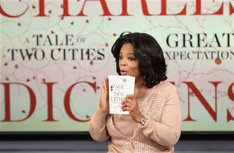Oprah Winfrey announcing her book club selections, "A Tale of Two Cities" and "Great Expectations" by Charles Dickens