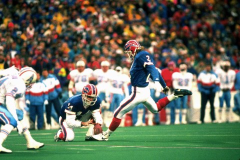 Kicker Steve Christie of the Buffalo Bills makes a winning field goal against the Houston Oilers on 01-03-1993