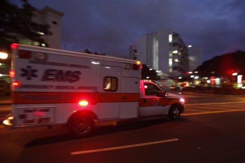 An ambulance pulls into the emergency entrance at Queens Medical Center in Honolulu, Hawaii