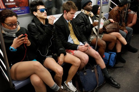 People take part in the 10th Annual No Pants Subway Ride in New York City