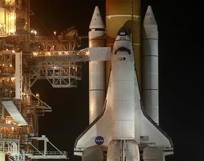 The space shuttle Discovery is prepared for launch at launch pad 39A, at the Kennedy Space Center in Cape Canaveral