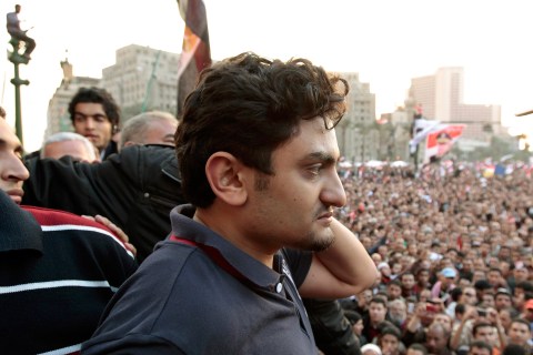 Google Inc executive Wael Ghonim addresses a mass crowd  inside Tahrir Square in Cairo