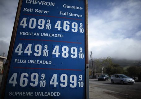 Gas prices are seen at a petrol station in Malibu