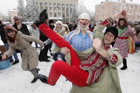 Students of Stavropol State University take part in the celebration for Maslenitsa, or Pancake Week, in Stavropol