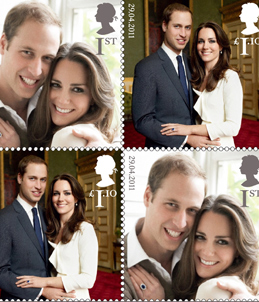 A set of commemorative stamps to celebrate the wedding of Britain's Prince William and Kate Middleton