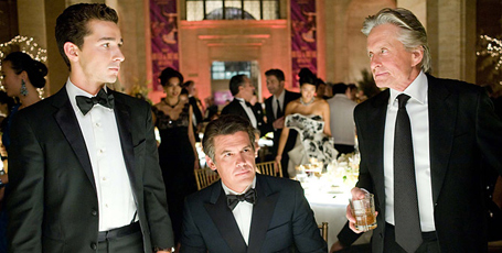 From left, Shia LaBeouf, Josh Brolin and Michael Douglas as Gordon Gekko in "Wall Street: Money Never Sleeps"  