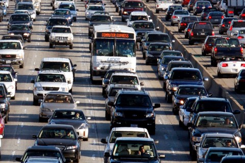 Vehicles are seen during rush hour on the 405 freeway in Los Angeles