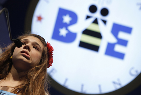 Anna-Marie Mitroi Spenger spells a word in 2011 Scripps National Spelling Bee contest in Maryland