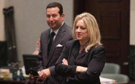 Assistant state attorney Linda Drane Burdick, right, and defense attorney Jose Baez before the start of court in the trial of Casey Anthony at the Orange County Courthouse in Orlando, Florida, Friday, July 1, 2011. (Red Huber/Orlando Sentinel/MCT)