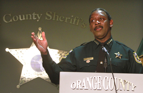Orange County Sheriff Jerry Demings addresses the media during a press conference about the Casey Anthony trial in Orlando, Florida, Tuesday, July 12, 2011. (Joe Burbank/Orlando Sentinel/MCT)