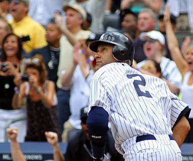 Derek Jeter at Yankee Stadium on July 9, 2011, the moment he became the 28th player in baseball history to reach 3,000 hits.