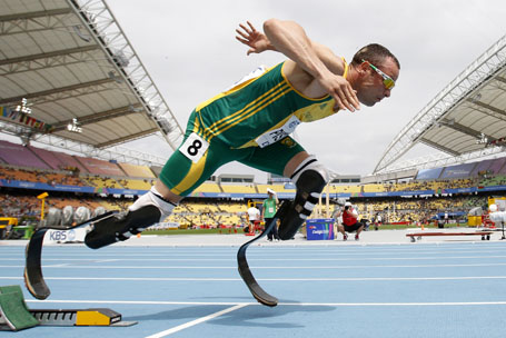 Pistorius comes out of the starting blocks during his men's 400 metres heat at the IAAF World Championships in Daegu