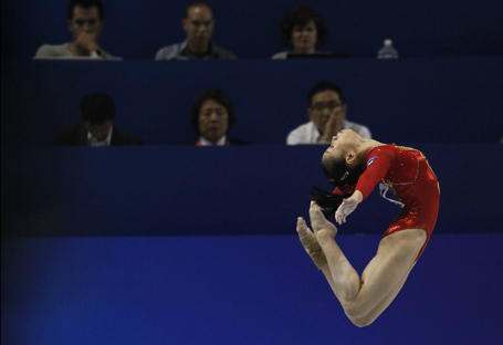 China's Sui Lu competes on the balance beam during the women's team final at the Artistic Gymnastics World Championships in Tokyo